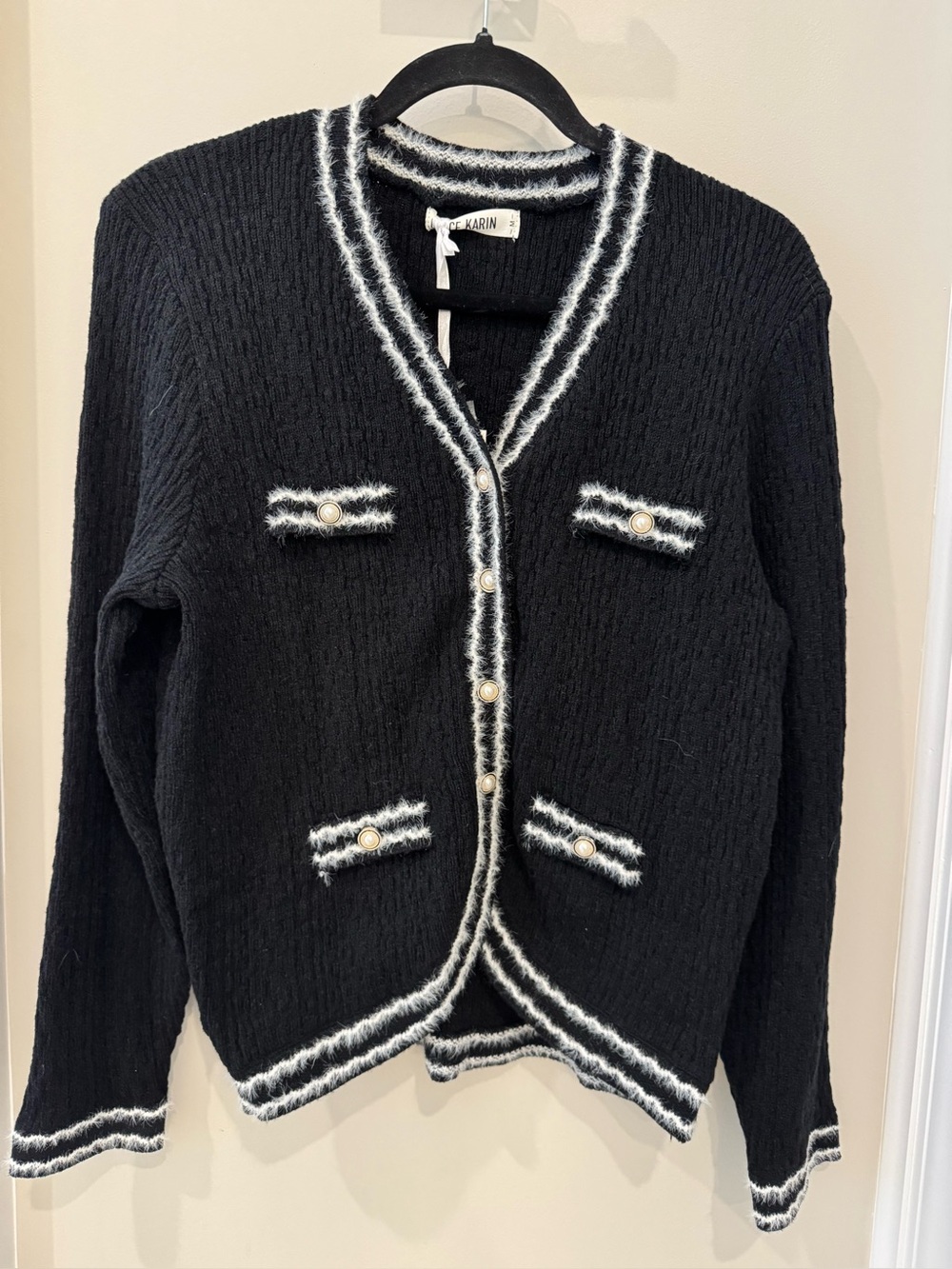 NWT-Grace Karin Black Cardigan with White Trim and Pearl Buttons
